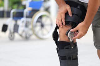 Man Adjusting His Knee Brace With A Wheelchair In The Backgroun